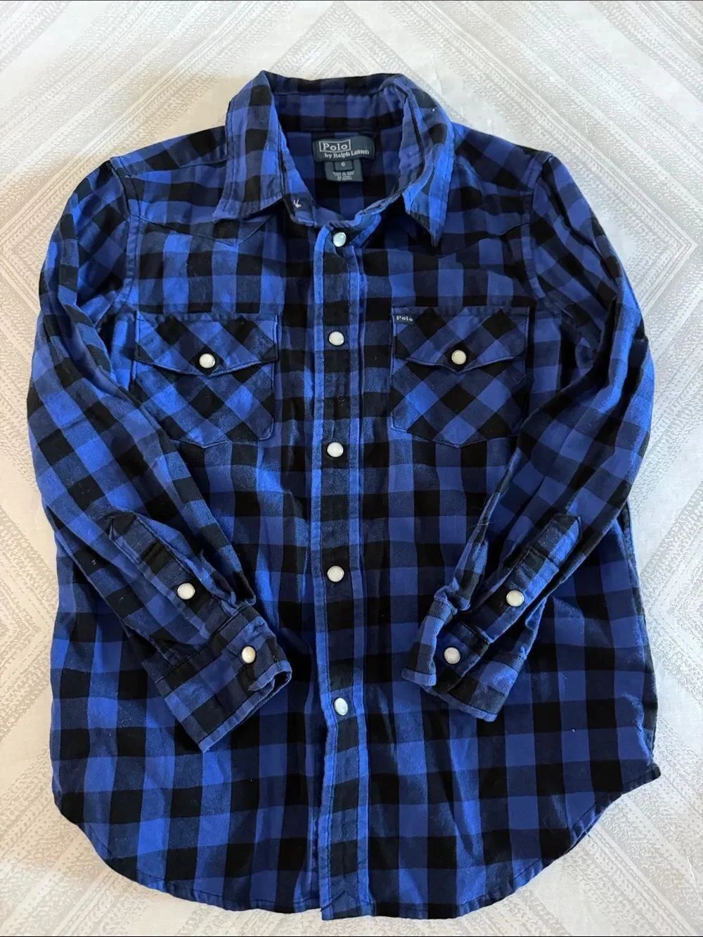 Polo Ralph Lauren Blue Black Buffalo Plaid Snap Button Shirt Boys Size 6